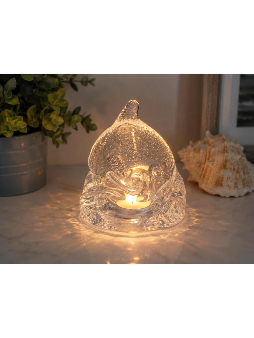 Vintage PartyLite Dolphin Waves Glass Tealight Glass Candle Holder w/Sticker